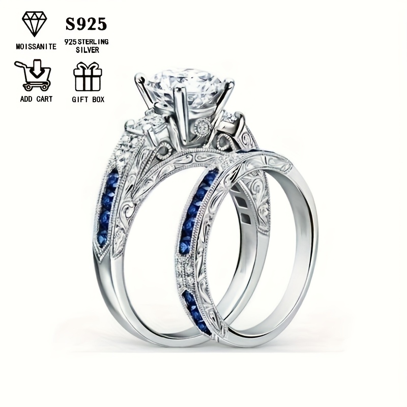 2 Carat Moissanite Round Carved Wedding Ring Set in S925 Silver